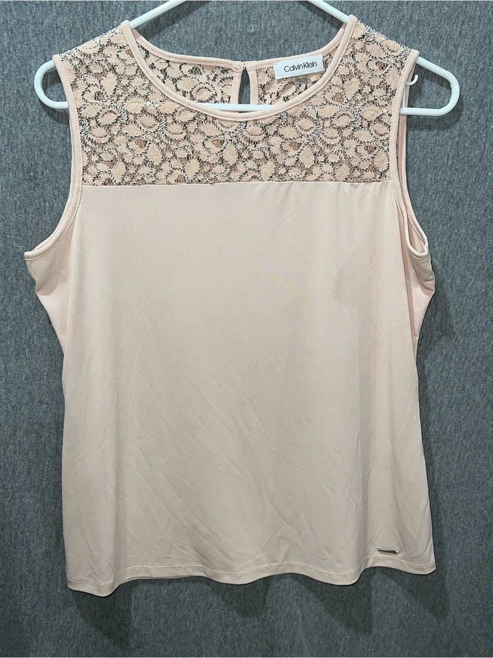 Calvin Klein Blush Sleeveless‎ Top Lace Yoke Pink Blouse Womens Medium M